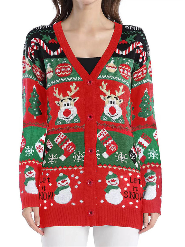 Women's Autumn Snowman Elk V Neck Long Sleeve Cardigan Christmas Sweaters