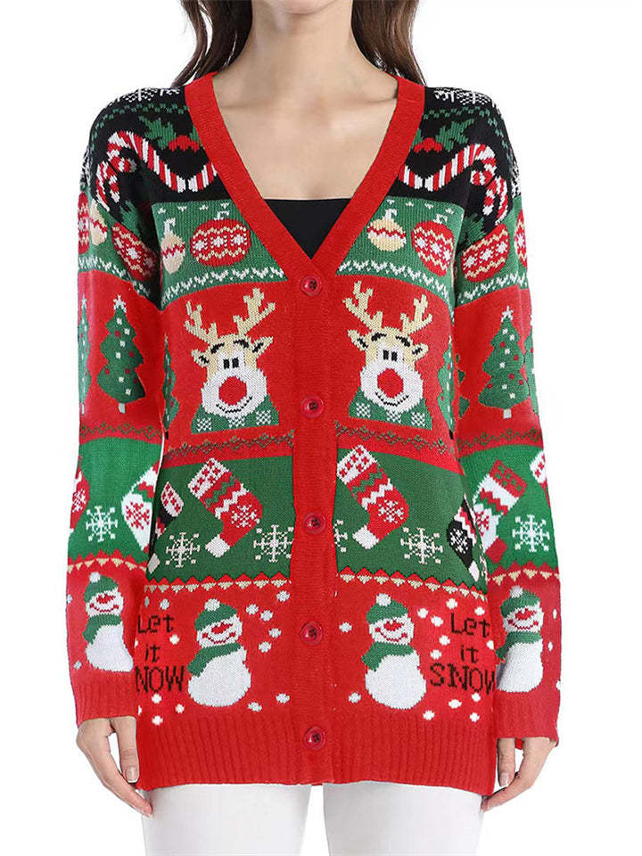 Women's Autumn Snowman Elk V Neck Long Sleeve Cardigan Christmas Sweaters
