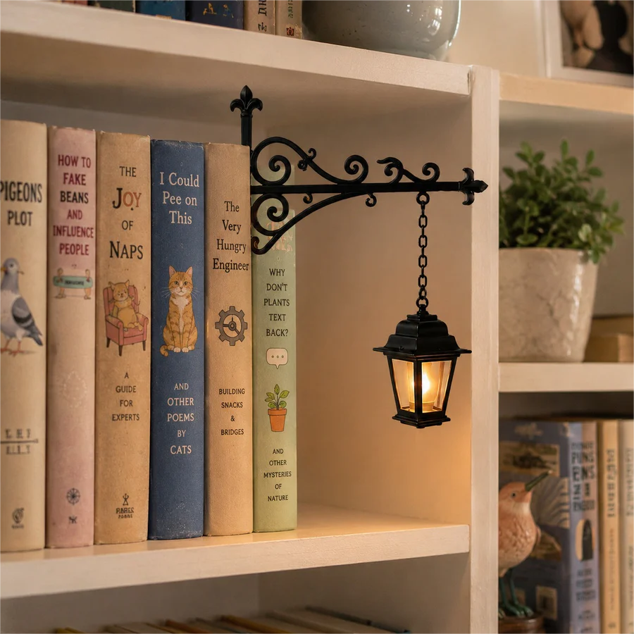 Vintage Bookshelf Lantern Light