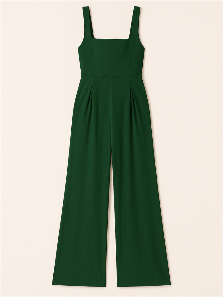 Ladies' Square Neck Solid Color Sleeveless Wide Leg Jumpsuit