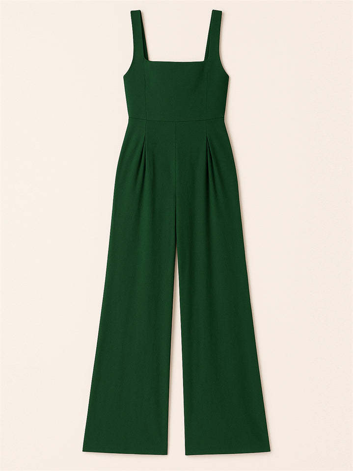 Ladies' Square Neck Solid Color Sleeveless Wide Leg Jumpsuit