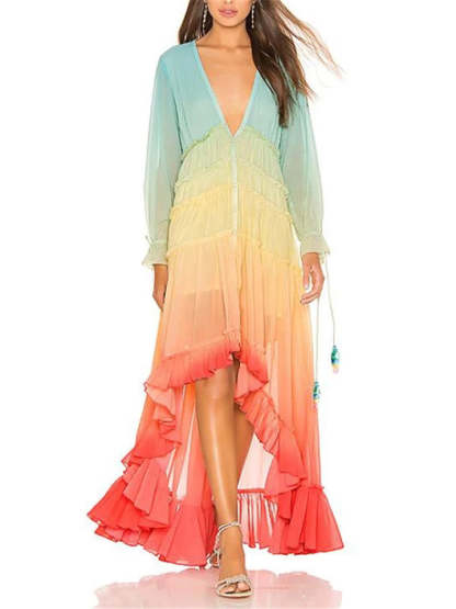 Women's Holiday Style V-Neck Gradient Color Elegant Maxi Dress