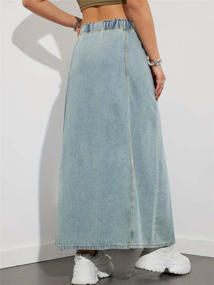 Women's Casual Drawstring Elastic Waist  A-Line Denim Skirt