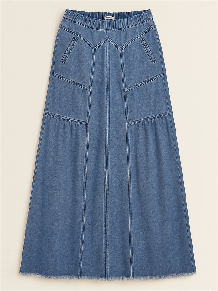 Women's Distressed Solid Color Elastic Waistband Denim Skirt