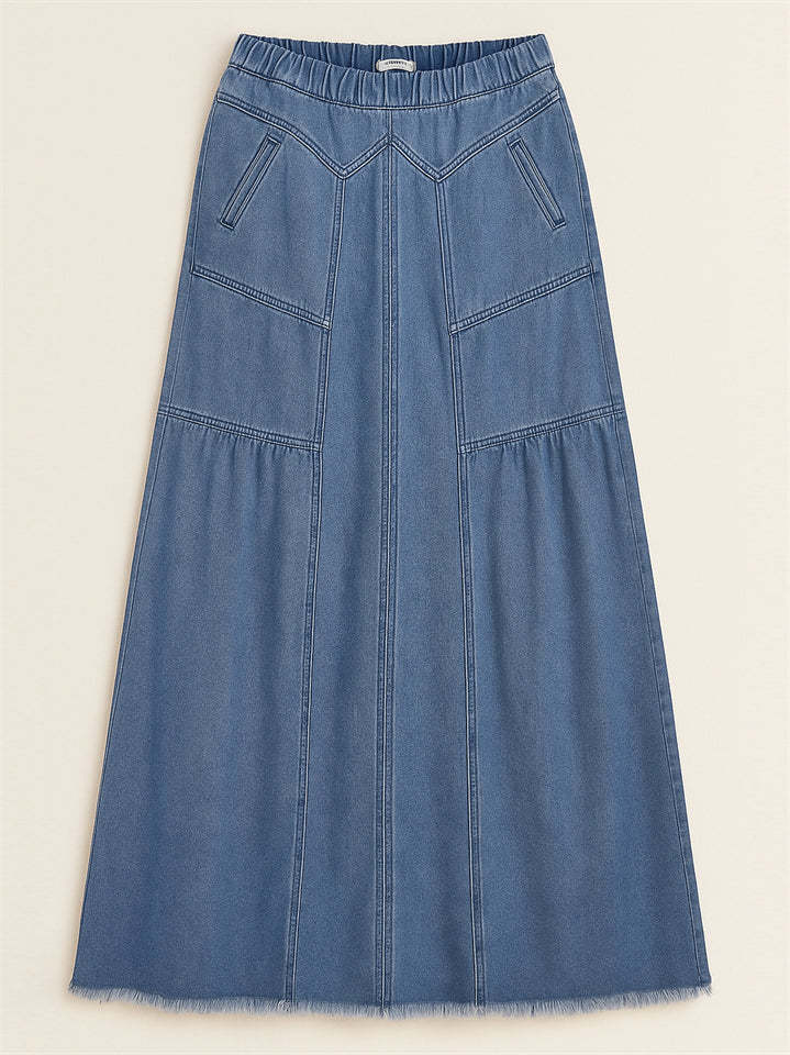 Women's Distressed Solid Color Elastic Waistband Denim Skirt