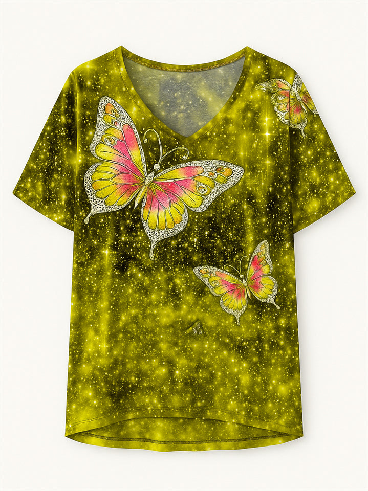 Women's Casual Short-Sleeved V Neck Butterfly Print T-Shirt