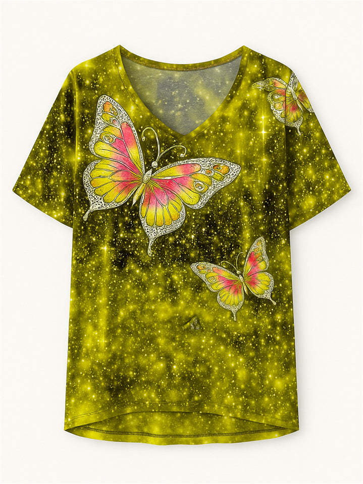 Women's Casual Short-Sleeved V Neck Butterfly Print T-Shirt