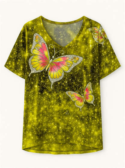 Women's Casual Short-Sleeved V Neck Butterfly Print T-Shirt