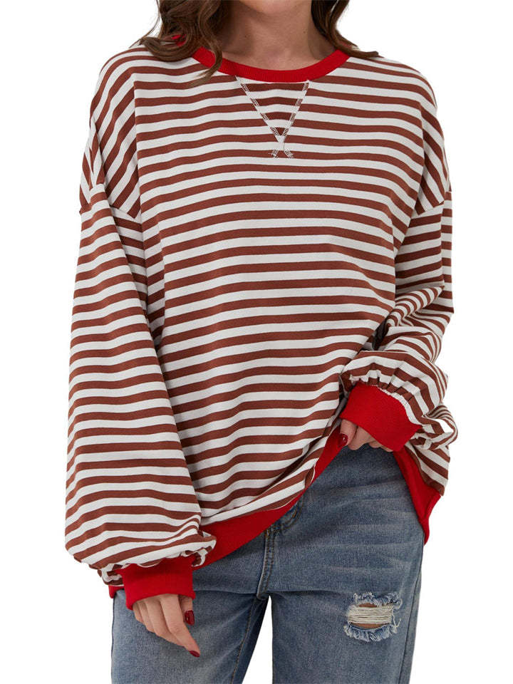 Women's Autumn Stylish Long Sleeved Contrast Color Striped Sweatshirts