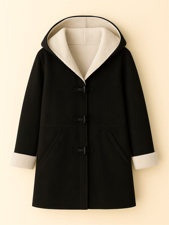 Autumn Simple Solid Color Fleece Lining Horn Buckle Hooded Coats