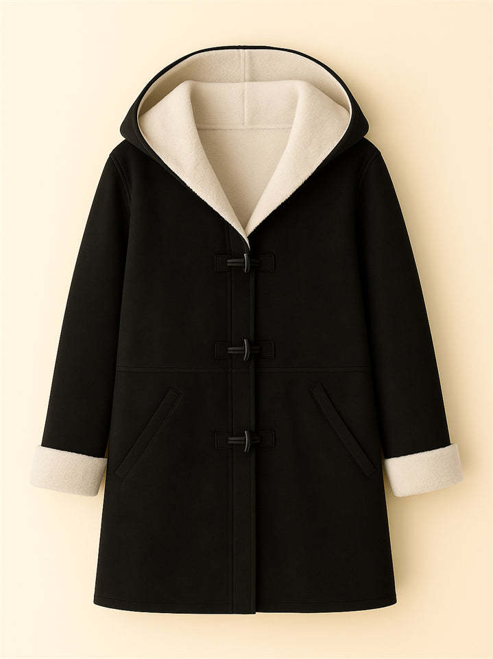 Autumn Simple Solid Color Fleece Lining Horn Buckle Hooded Coats