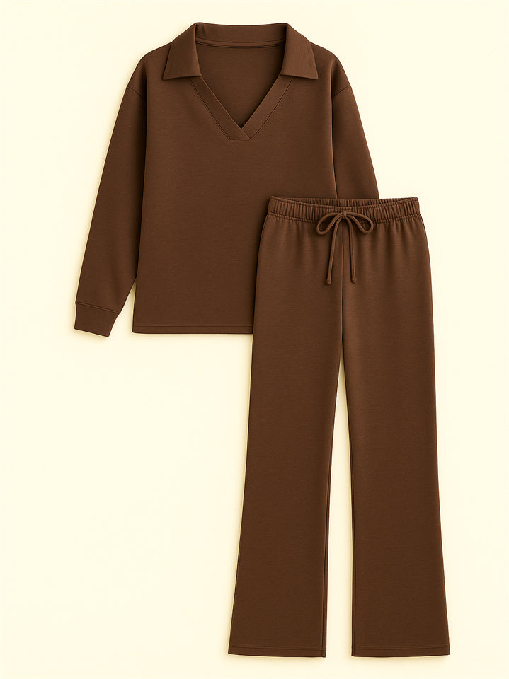 Women's 2Pcs Autumn Casual Solid Color  V Neck Lapel Long Sleeve Outfit