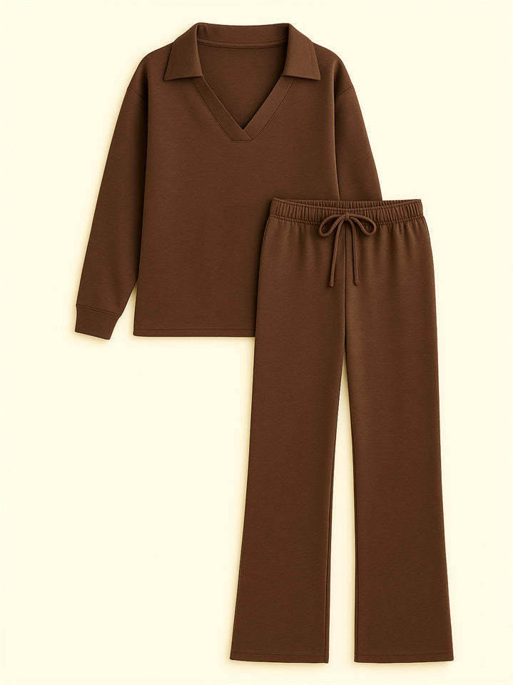 Women's 2Pcs Autumn Casual Solid Color  V Neck Lapel Long Sleeve Outfit