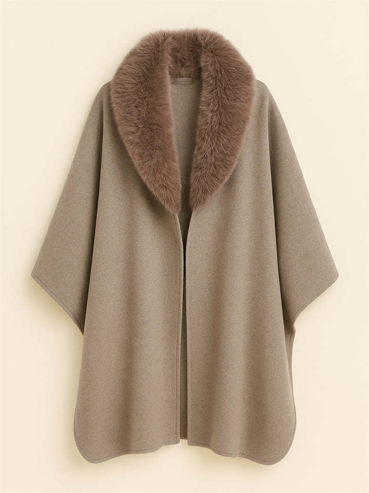Ladies Autumn Solid Color Long-sleeved Faux Fur Collar Cloak Coats