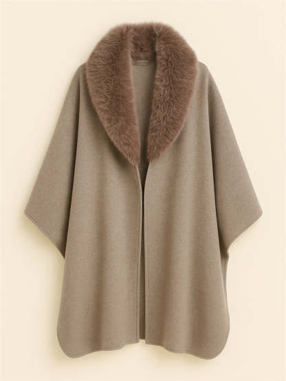 Ladies Autumn Solid Color Long-sleeved Faux Fur Collar Cloak Coats