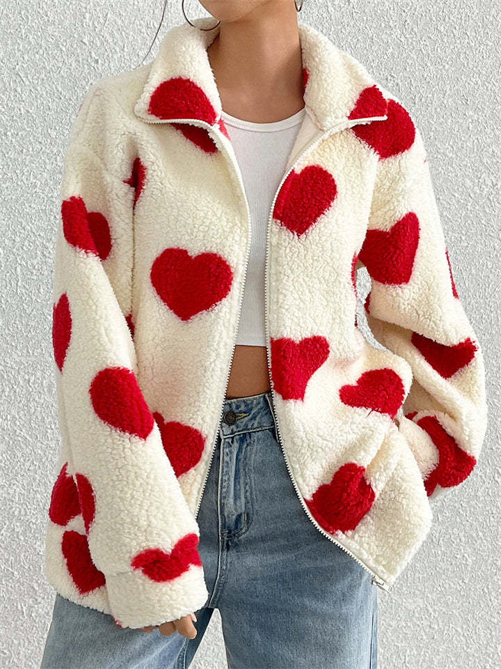 Autumn Cute Heart Shape Pattern Zip Up Fleece Coats for Women