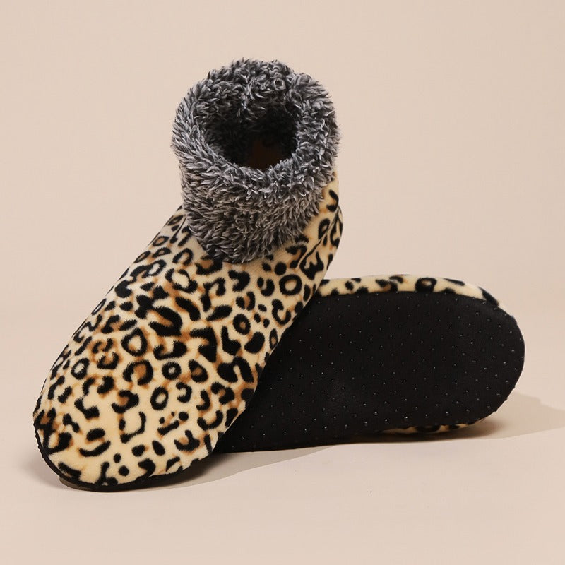 Fur Lined Leopard Indoor Floor Socks  