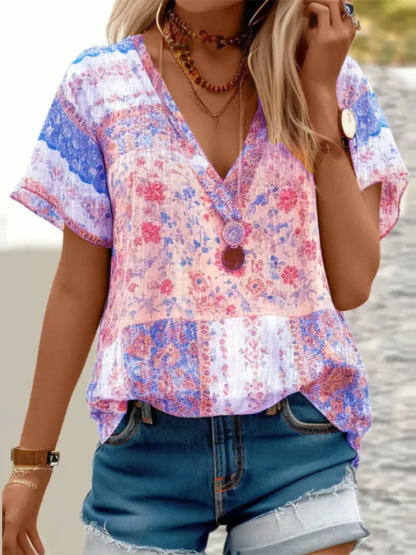 Summer Holiday Style Floral Print V Neck T-Shirt for Women