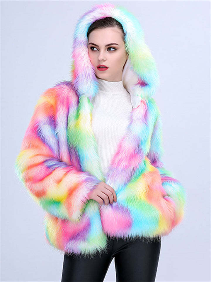 Women's Hooded Colourful Faux Fur Cardigan Coats