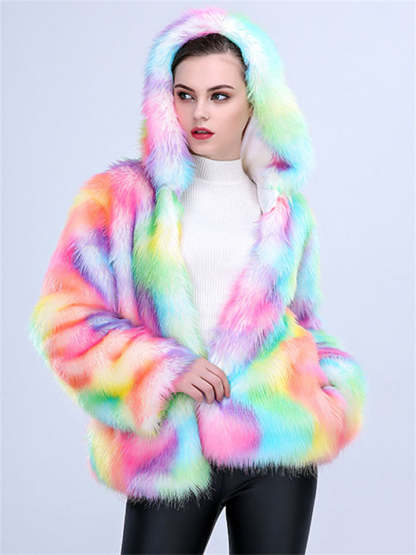 Women's Hooded Colourful Faux Fur Cardigan Coats