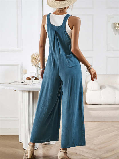 Women's Summer Casual Solid Color Strappy Wide Leg Jumpsuits