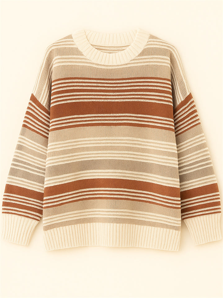 Women's Autumn Rainbow Color Striped Round Neck Sweaters