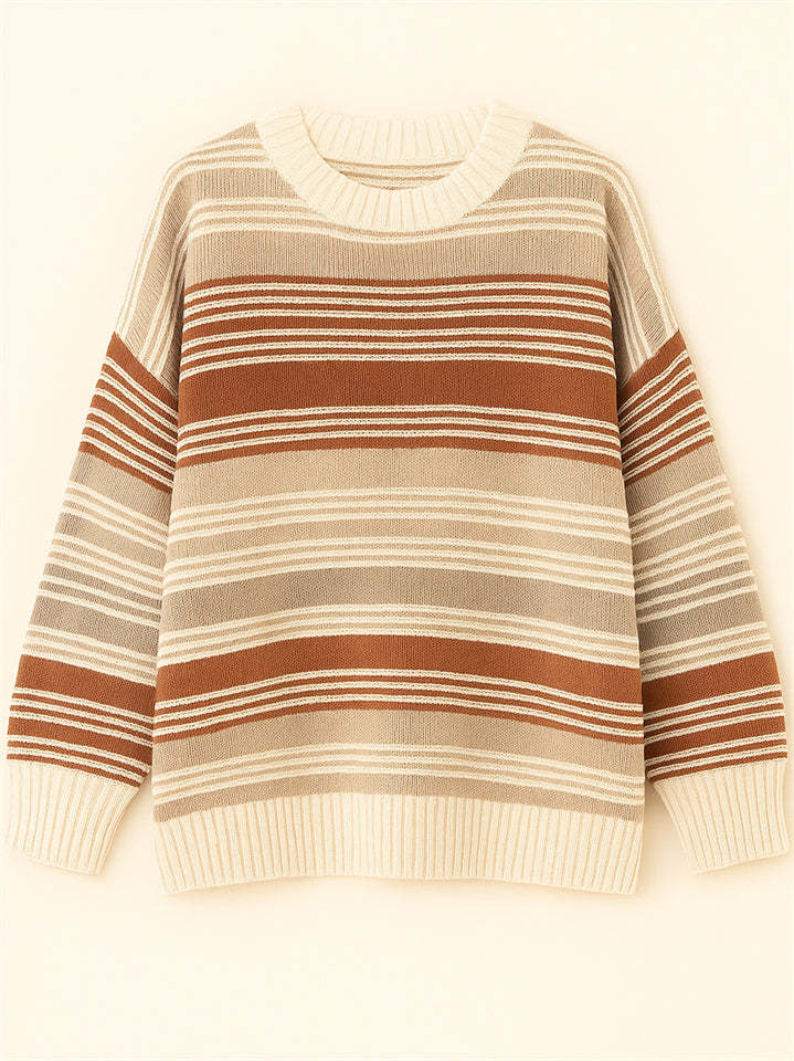 Women's Autumn Rainbow Color Striped Round Neck Sweaters