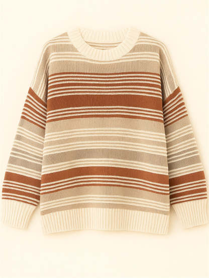 Women's Autumn Rainbow Color Striped Round Neck Sweaters