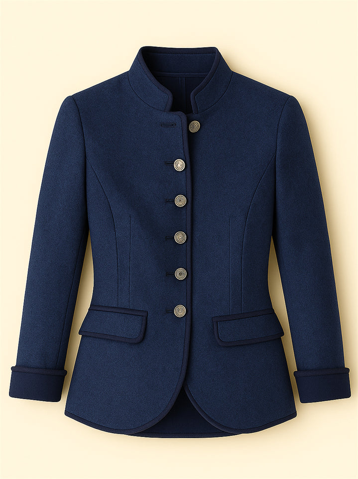 Retro Contrast Trim Stand Collar Single Breasted Long Sleeve Coat for Women