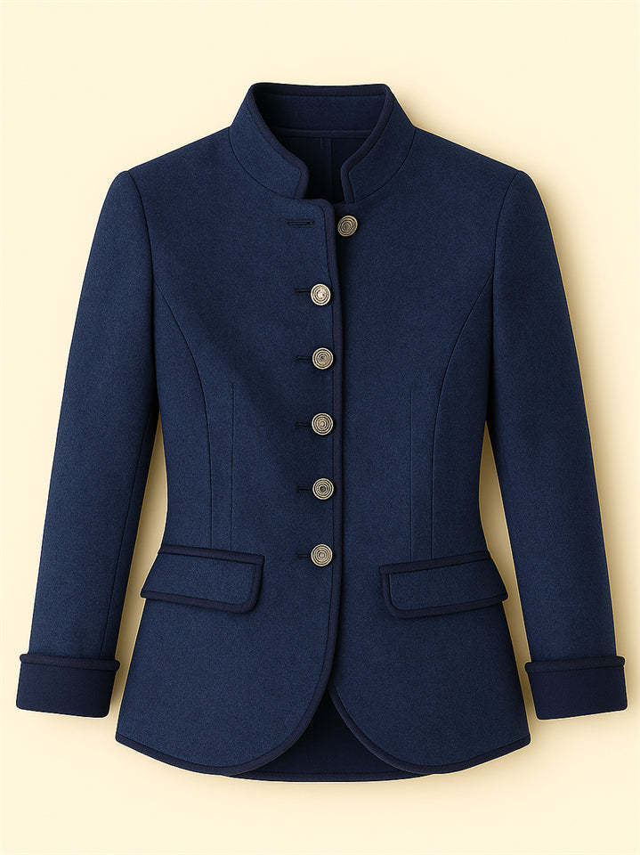 Retro Contrast Trim Stand Collar Single Breasted Long Sleeve Coat for Women