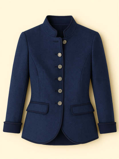 Retro Contrast Trim Stand Collar Single Breasted Long Sleeve Coat for Women