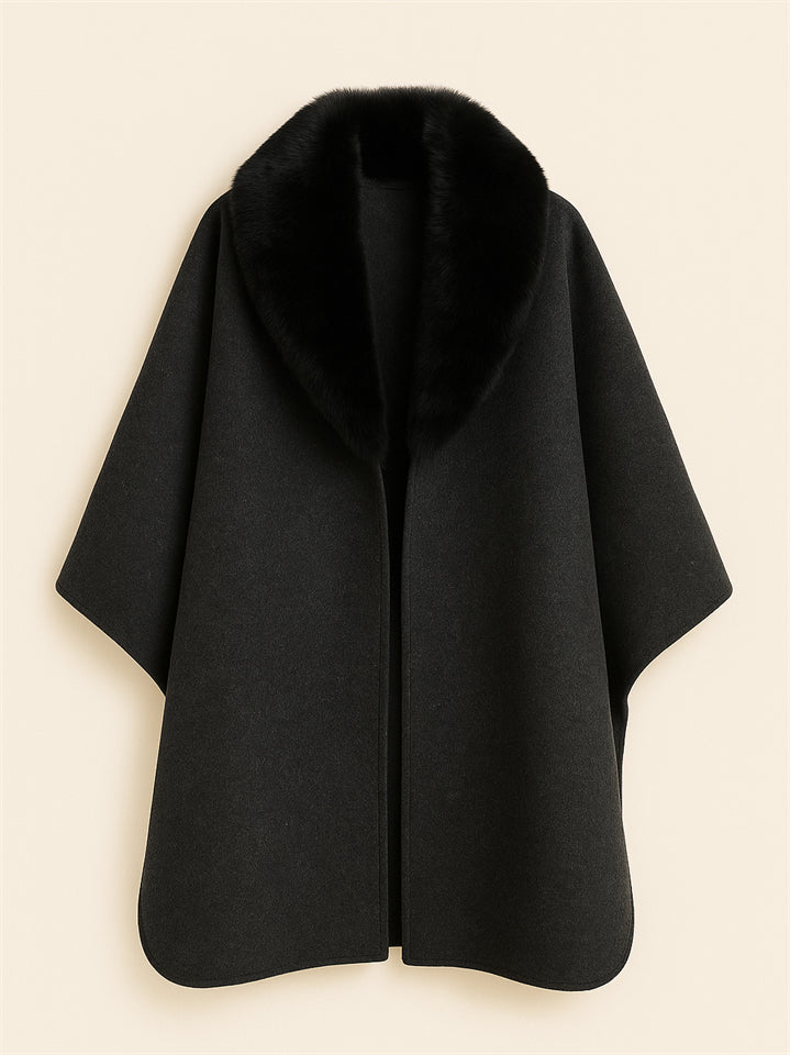 Ladies Autumn Solid Color Long-sleeved Faux Fur Collar Cloak Coats