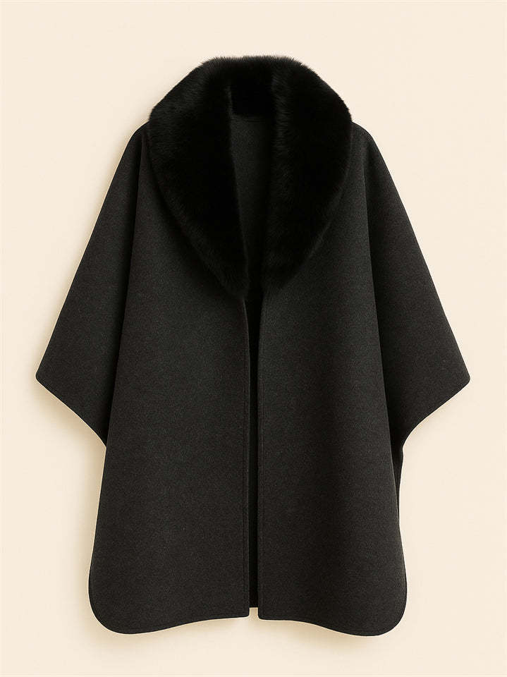 Ladies Autumn Solid Color Long-sleeved Faux Fur Collar Cloak Coats