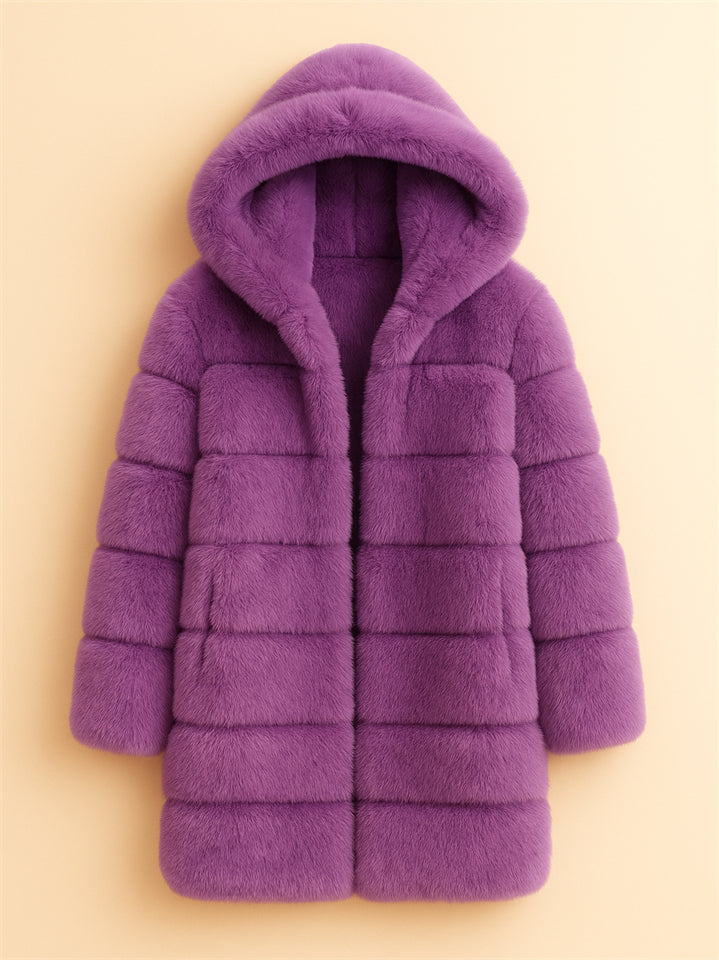 Women's Winter Comfortable Faux Fur Zip Up Hooded Midi Length Coats