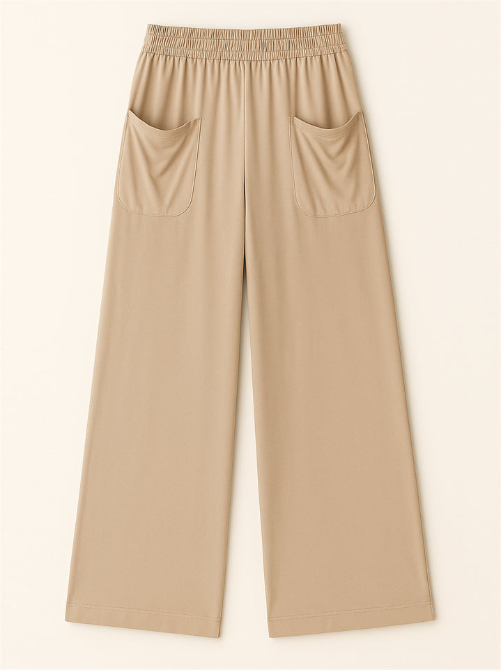 Simple Solid Color Pockets Elastic Hight Waist Wide Leg Pants for Women