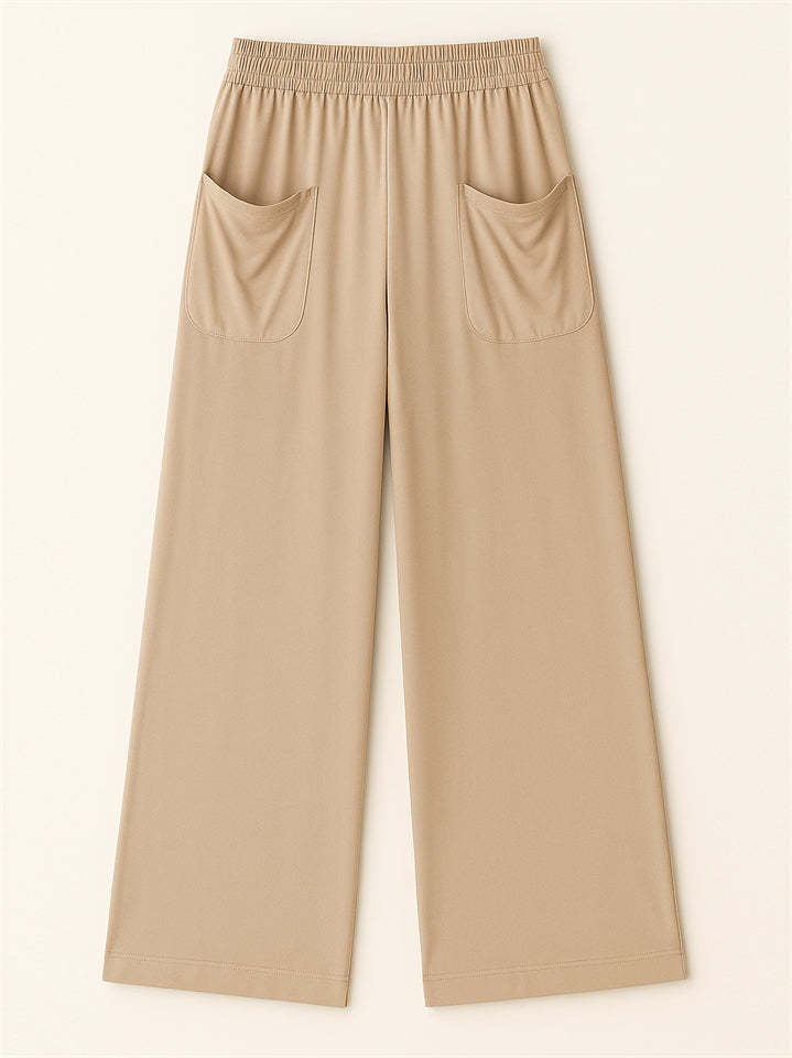 Simple Solid Color Pockets Elastic Hight Waist Wide Leg Pants for Women