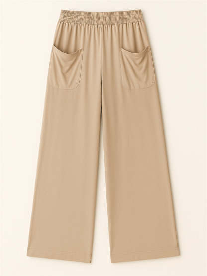 Simple Solid Color Pockets Elastic Hight Waist Wide Leg Pants for Women