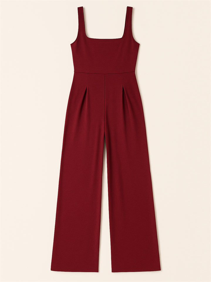 Ladies' Square Neck Solid Color Sleeveless Wide Leg Jumpsuit