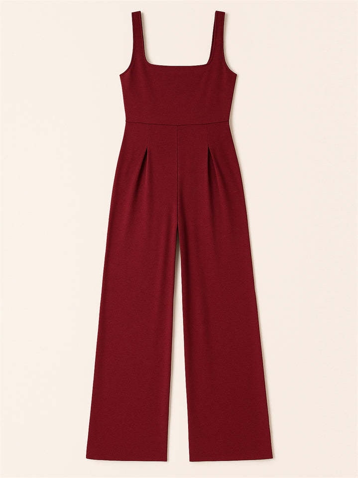 Ladies' Square Neck Solid Color Sleeveless Wide Leg Jumpsuit