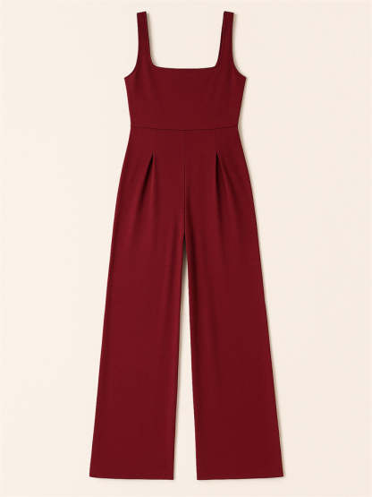 Ladies' Square Neck Solid Color Sleeveless Wide Leg Jumpsuit