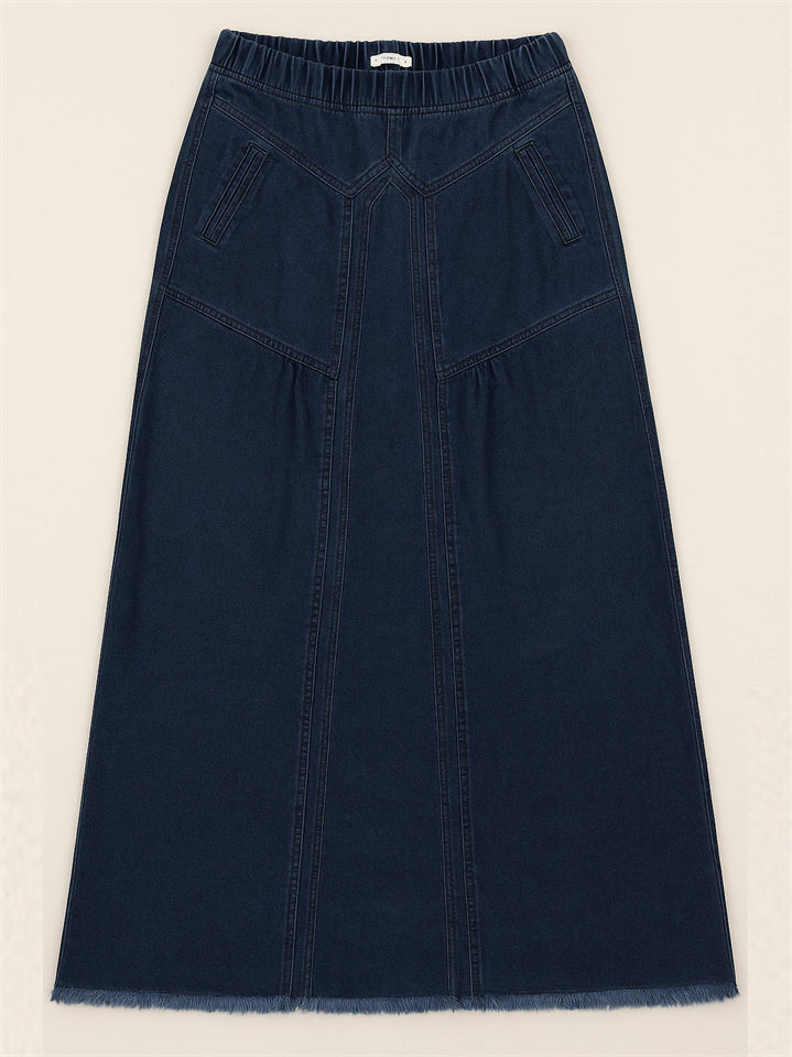 Women's Distressed Solid Color Elastic Waistband Denim Skirt