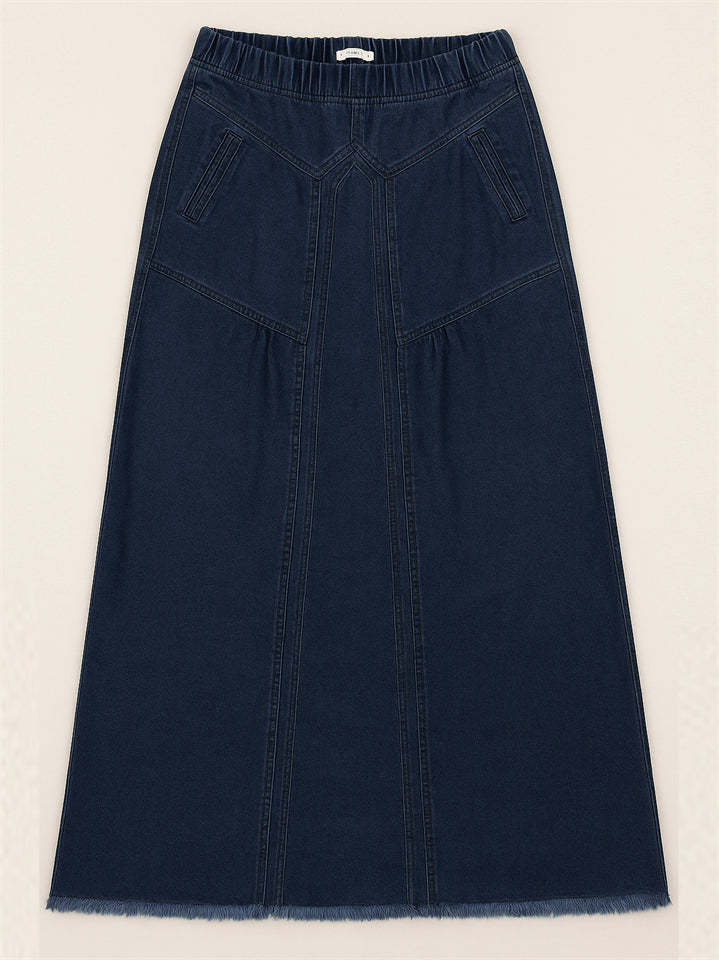Women's Distressed Solid Color Elastic Waistband Denim Skirt