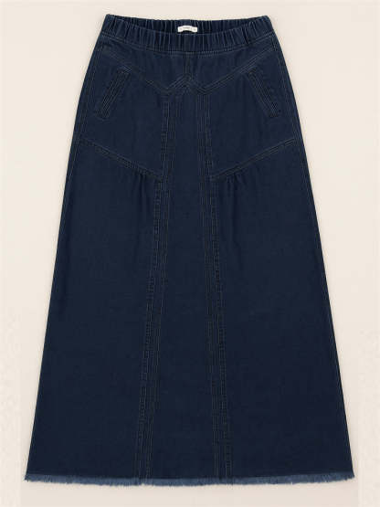 Women's Distressed Solid Color Elastic Waistband Denim Skirt