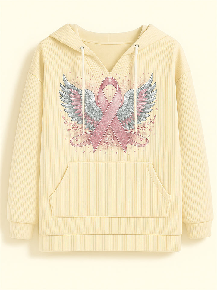 Female's Wings& Ribbon Print Long-sleeved Kangaroo Pocket Hoodies