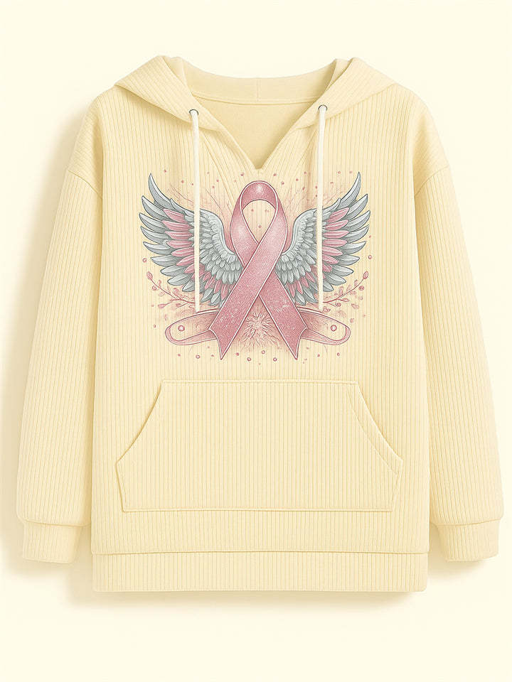 Female's Wings& Ribbon Print Long-sleeved Kangaroo Pocket Hoodies