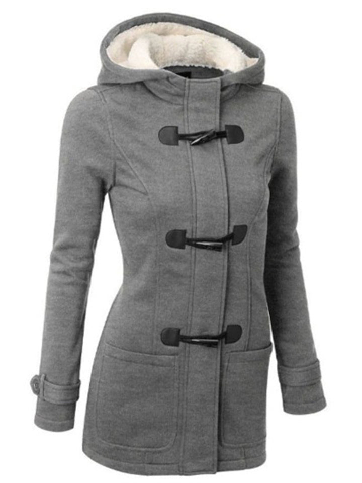 Women's Retro Fleeced Solid Color Horn Buckle Hooded Jackets