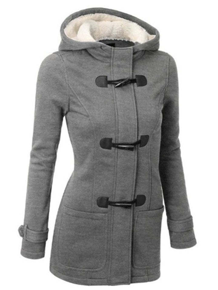Women's Retro Fleeced Solid Color Horn Buckle Hooded Jackets