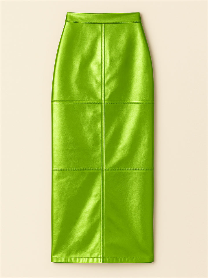 Women's Trendy PU Leather Glossy Solid Color Back Slit Skirts