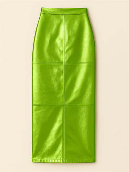 Women's Trendy PU Leather Glossy Solid Color Back Slit Skirts