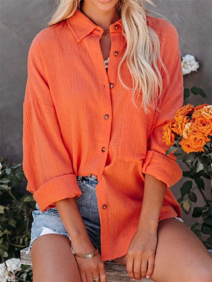 Women's Caual Candy Color Texture Button Up Long Sleeve Blouse